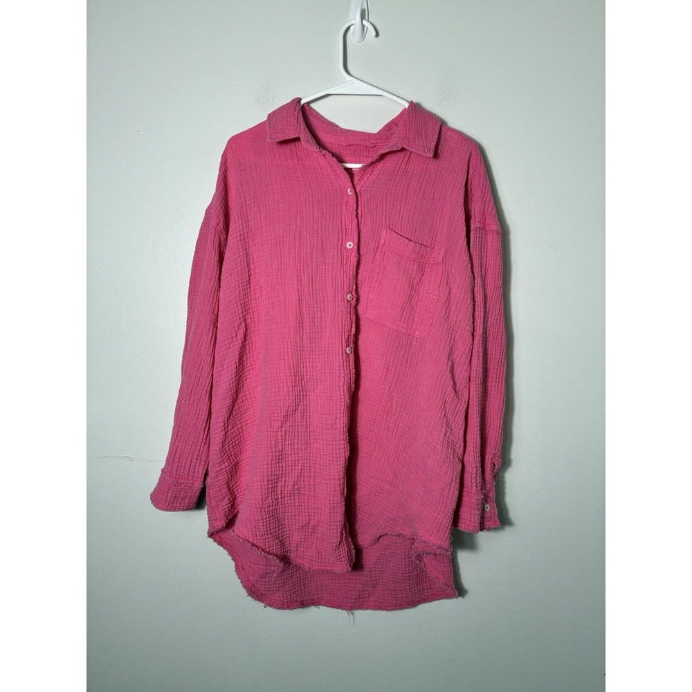 Aerie 100% Cotton Button Up Shirt Sz Small Pink Beach Lightweight Gauzy